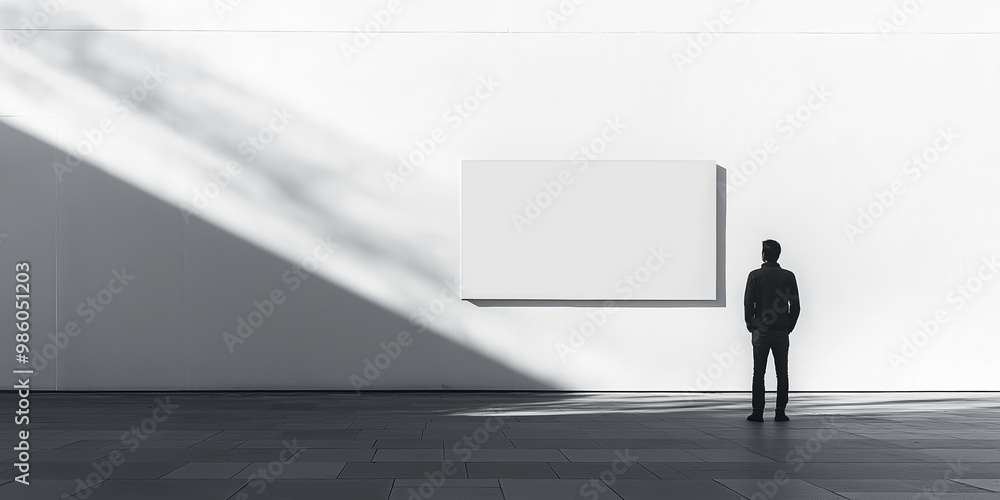 A solitary man stands before a blank canvas on a bright wall, contemplating creativity and possibility. A solitary man stands before a blank canvas on a bright wall, contemplating creativity and possibility.
