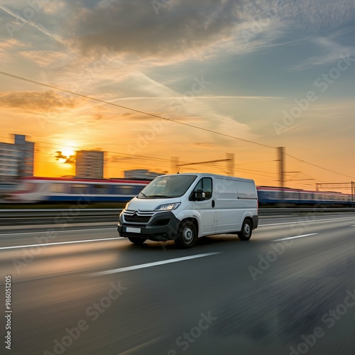 A white van is driving down the street with the sun setting behind it