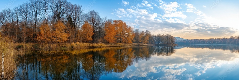 Obraz premium Beautiful autumn trees with leaves in vibrant hues reflect perfectly off the calm lake water under a bright blue sky.