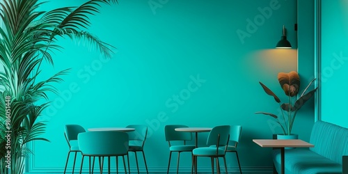 A minimalist teal-themed room featuring chairs, tables, plants, and ambient lighting creating a calming environment. photo