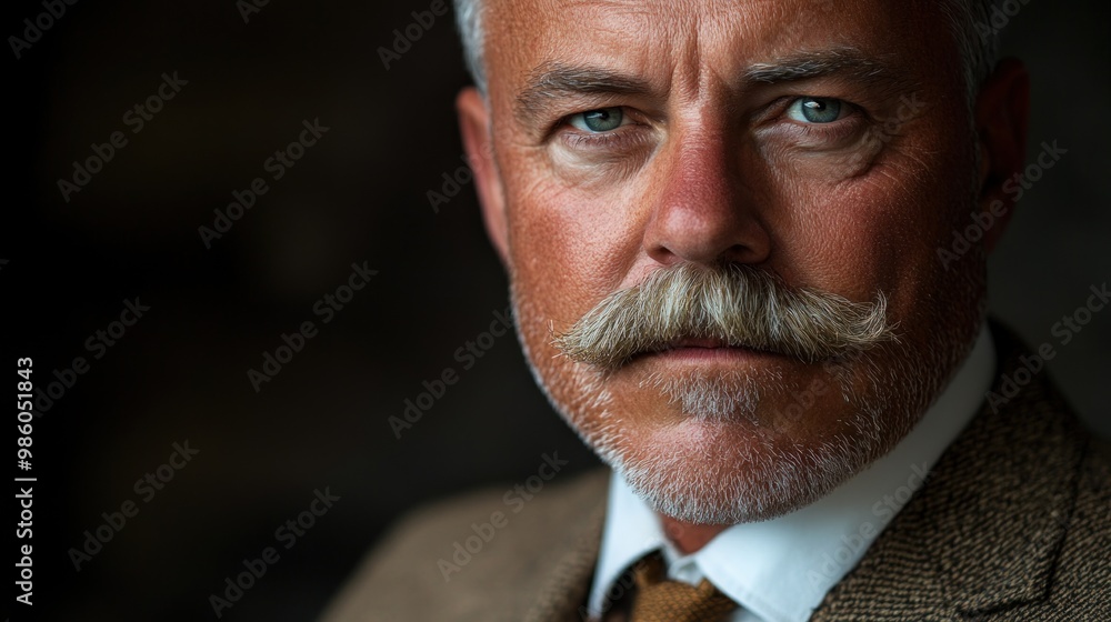 Close-up portrait of a mature man with a gray mustache and beard, wearing a suit and looking intently at the camera. Close-up portrait of a mature man with a gray mustache and beard, wearing a suit and looking intently at the camera.