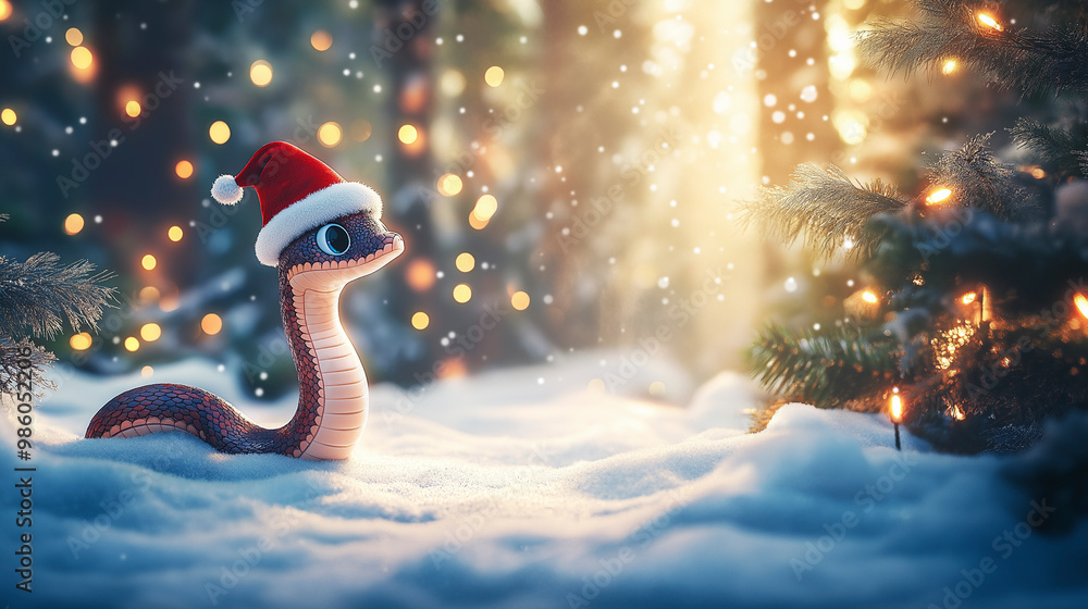 A charming winter path adorned with Christmas trees and a cute little snake in a festive hat under twinkling lights A charming winter path adorned with Christmas trees and a cute little snake in a festive hat under twinkling lights