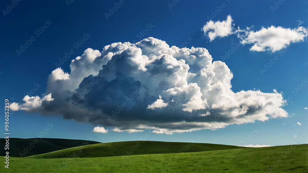 A single fluffy cloud drifts in a clear blue sky, casting a gentle shadow over the rolling green hills below.