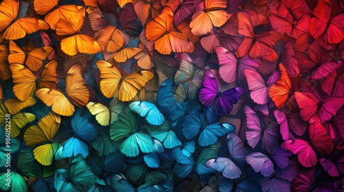 A mesmerizing pattern of multicolored morpho butterflies in rainbow hues, their delicate wings forming a textured background