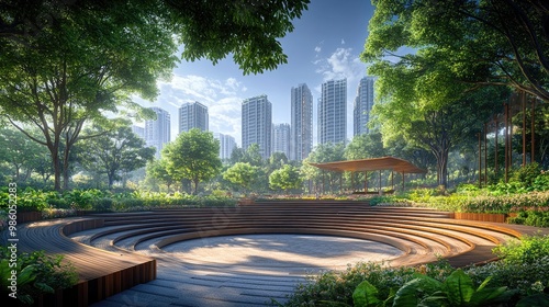 A wide-angle view of an amphitheatre set within a vibrant city park, with the seating arranged in a semicircle around a modern, open-air stage. The trees and greenery provide a natural backdrop, photo