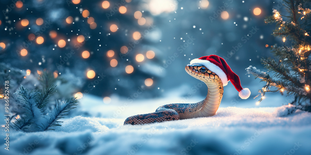 A charming winter path adorned with Christmas trees and a cute little snake in a festive hat under twinkling lights A charming winter path adorned with Christmas trees and a cute little snake in a festive hat under twinkling lights