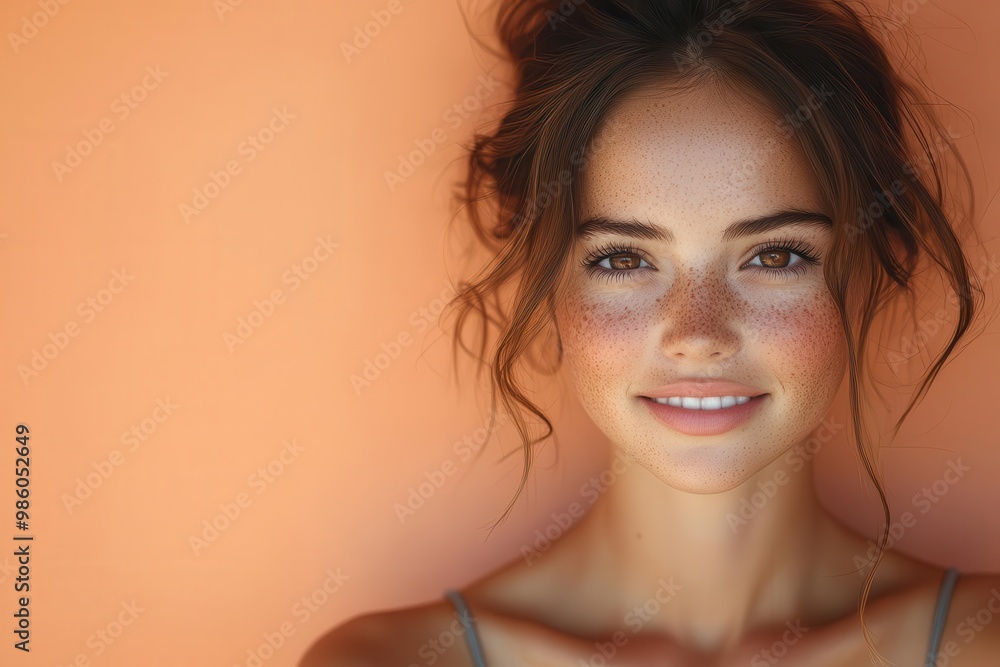 portrait of radiant young woman warm peach background natural makeup genuine smile soft lighting enhancing freckles and warm brown eyes portrait of radiant young woman warm peach background natural makeup genuine smile soft lighting enhancing freckles and warm brown eyes