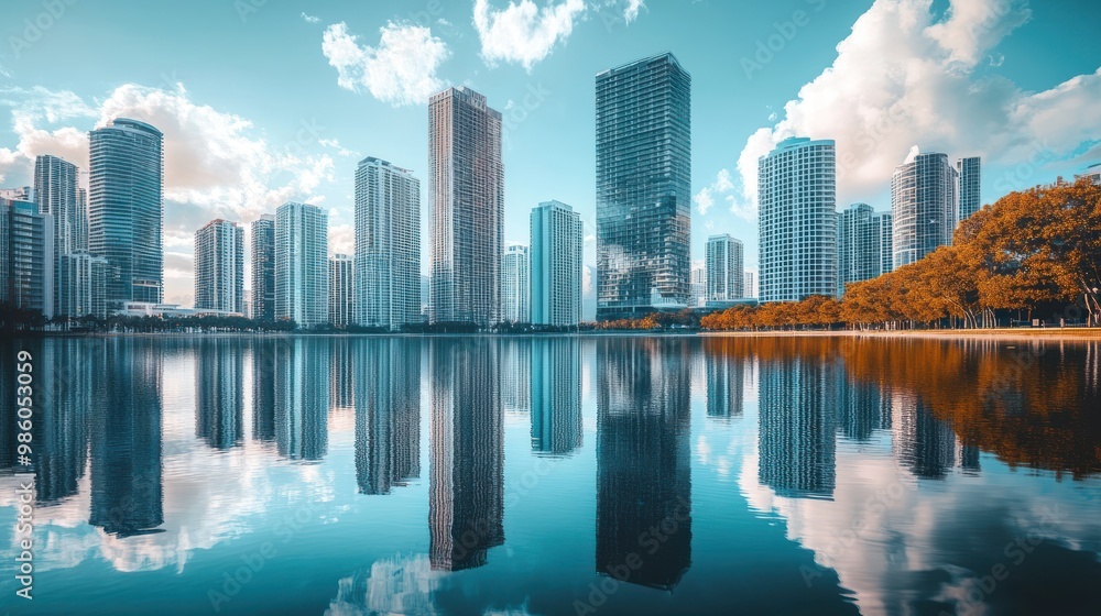 Fototapeta premium Cityscape with skyscrapers reflected in a calm body of water with a blue sky and white clouds.