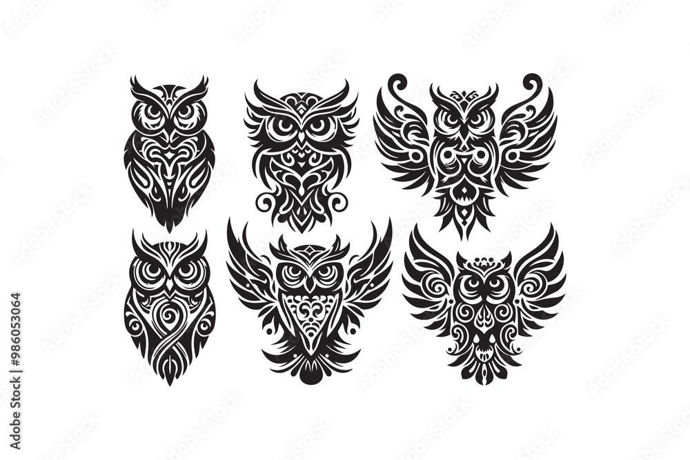 set of six stylized owls in silhouettes vector illustration 1 set of six stylized owls in silhouettes vector illustration 1