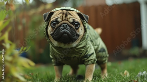 A pug in a dinosaur costume, stomping through a backyard as if reenacting a Jurassic Park scene. photo