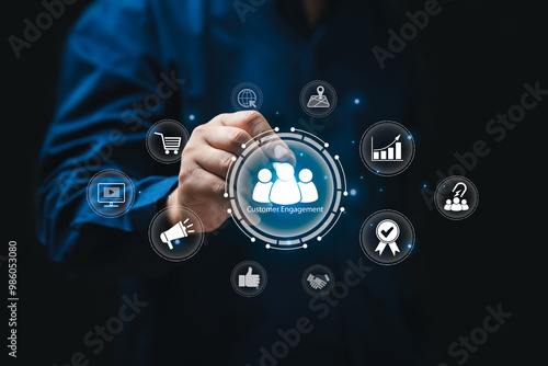 Customer engagement concept,ฺ Businessman Customer analysis for improvement of product, Target customer, buyer persona and Customer behaviour set strategies effective online marketing target