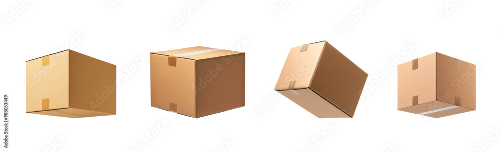Various angles of brown cardboard boxes arranged on a transparent background showcasing their structure and packaging design Various angles of brown cardboard boxes arranged on a transparent background showcasing their structure and packaging design