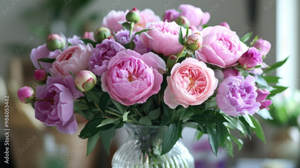 Fototapeta premium A rich bunch of pink peonies and lilac eustoma roses with green leaves in a stylish glass vase. Bright, refreshing, and perfect for a summer setting