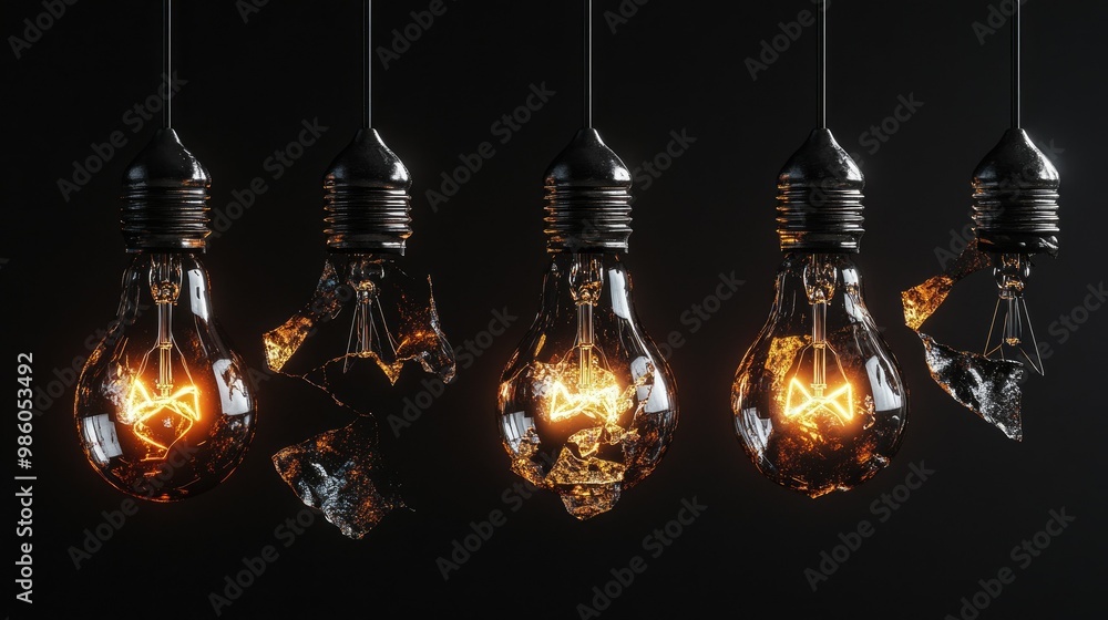 A row of light bulbs hanging, one brightly lit and another broken, symbolizing contrasting concepts. A row of light bulbs hanging, one brightly lit and another broken, symbolizing contrasting concepts.