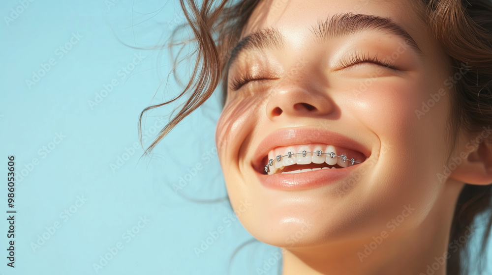 Young woman with braces smiling in the sunlight against a blue background Young woman with braces smiling in the sunlight against a blue background