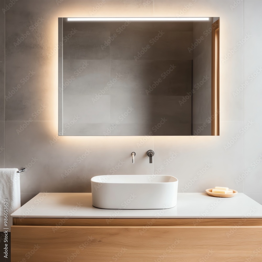 Frameless mirror with built-in lighting in a neutral-toned bathroom, minimalist bathroom aesthetic, modern sleek look Frameless mirror with built-in lighting in a neutral-toned bathroom, minimalist bathroom aesthetic, modern sleek look