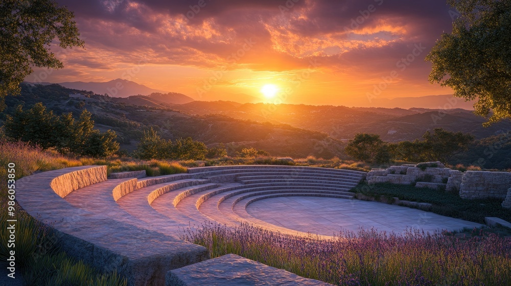 Fototapeta premium A tranquil sunset scene at an amphitheatre overlooking a valley, with the seating made of smooth stone and the stage set against a backdrop of rolling hills. The setting sun casts a golden light over