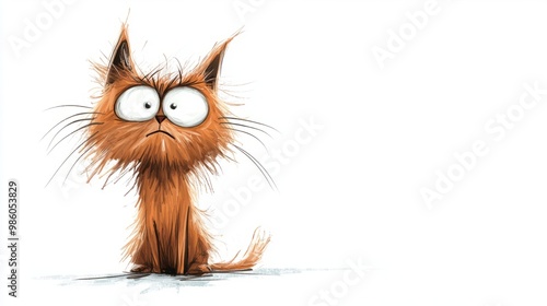 A cartoon orange cat with big eyes and a fluffy coat looks to the right with a confused expression. photo