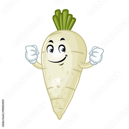 A cheerful and strong cartoon daikon radish character flexing its muscles, promoting healthy eating.
