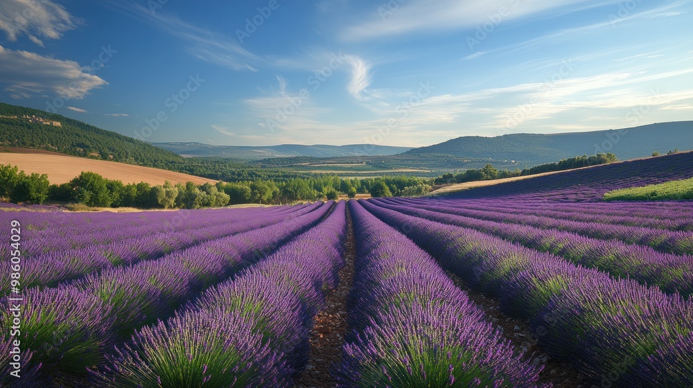 Obraz premium Purple lavender fields in the hills with a blue sky and clouds, a view of mountains in the distance.