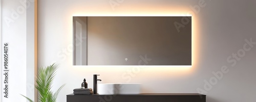 Frameless mirror with integrated lighting in a minimalist white bathroom, minimalist bathroom aesthetic, sleek modern design