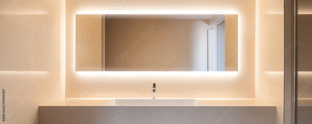 Frameless mirror with integrated lighting in a minimalist white bathroom, minimalist bathroom aesthetic, sleek modern design Frameless mirror with integrated lighting in a minimalist white bathroom, minimalist bathroom aesthetic, sleek modern design