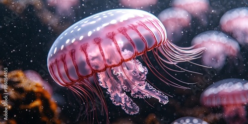 A close-up of a pink jellyfish with white spots, its tentacles flowing in the water, surrounded by other jellyfish in a dark and shimmering background photo