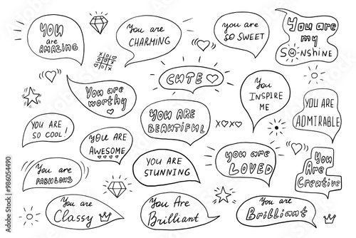 Cute set of speech bubbles with compliment phrases in doodle style. Self love quotes. Amazing, sweet, fabulous, stunning, beautiful, cool, worthy, inspire, awesome, classy, brilliant. Hand drawn