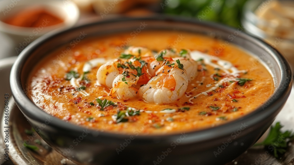 a bowl of creamy lobster bisque. The rich, velvety soup is a deep orange color, with a swirl of cream and a sprinkle of fresh herbs on top a bowl of creamy lobster bisque. The rich, velvety soup is a deep orange color, with a swirl of cream and a sprinkle of fresh herbs on top