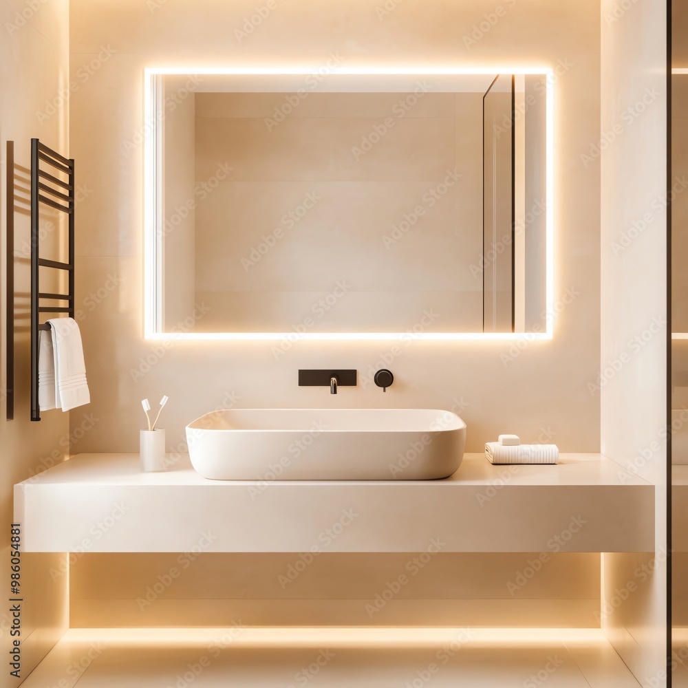 Frameless mirror with integrated lighting in a minimalist white bathroom, minimalist bathroom aesthetic, sleek modern design Frameless mirror with integrated lighting in a minimalist white bathroom, minimalist bathroom aesthetic, sleek modern design