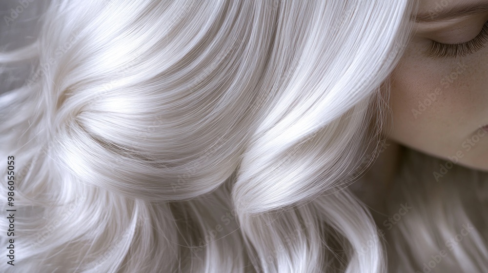Close-up of shiny, wavy white hair, showcasing texture and softness. Close-up of shiny, wavy white hair, showcasing texture and softness.