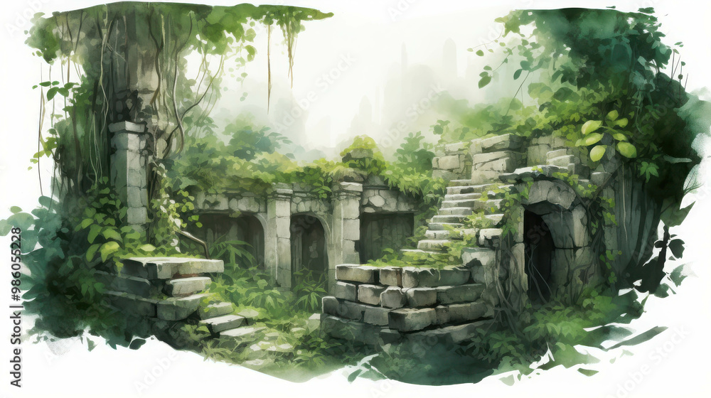 Overgrown Ruins: An archway covered in lush foliage, a relic of a forgotten past, shrouded in mist.  This evocative digital painting invites contemplation on time, nature, and the passage of history. 