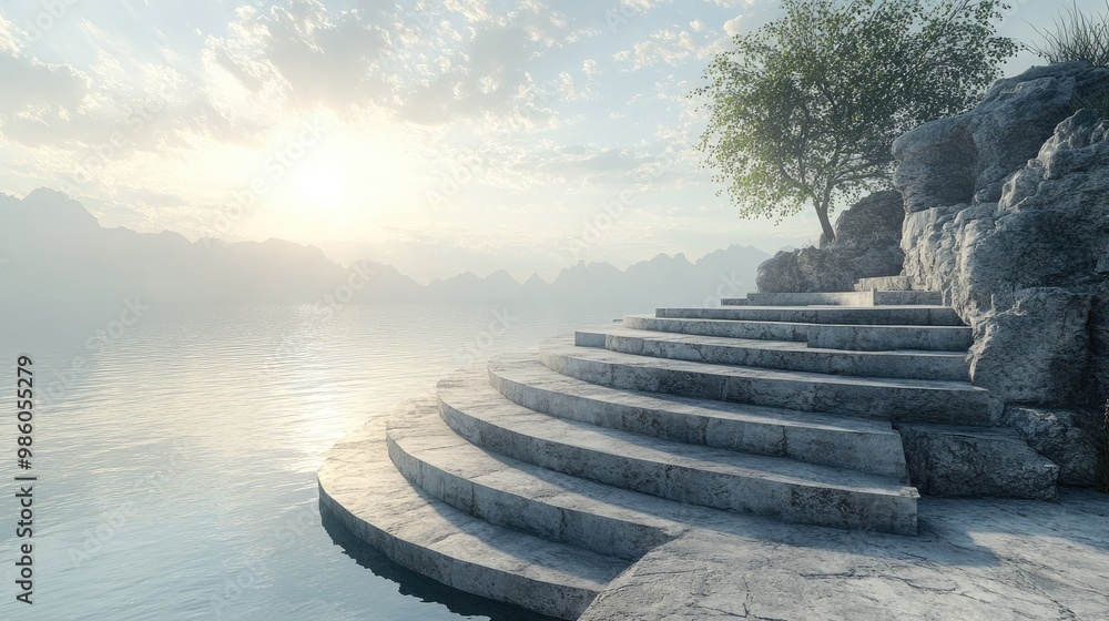 Fototapeta premium A peaceful morning at an amphitheatre by the sea, with the seating made of natural stone and the stage set on the shore. The water is calm, reflecting the sky above, and the overall mood is serene