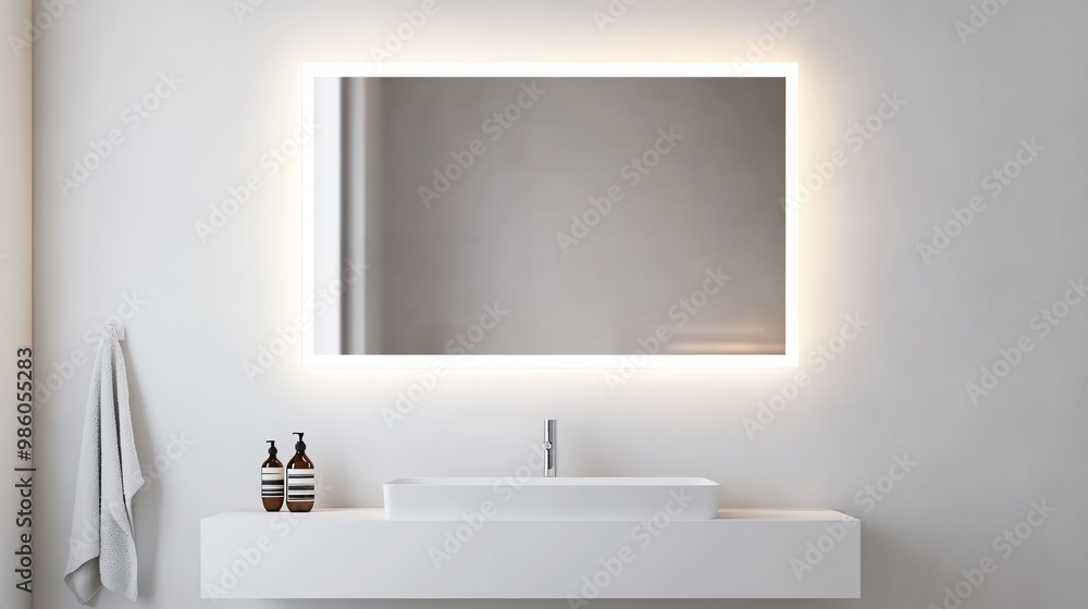 Frameless mirror with soft lighting in a clean white bathroom, minimalist bathroom aesthetic, sleek modern design Frameless mirror with soft lighting in a clean white bathroom, minimalist bathroom aesthetic, sleek modern design