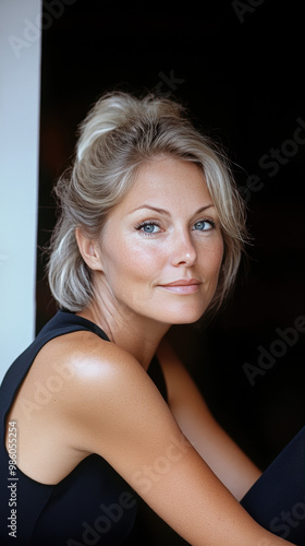 femme blonde avec chignon vu de trois quart assise en robe noire épaules nue
