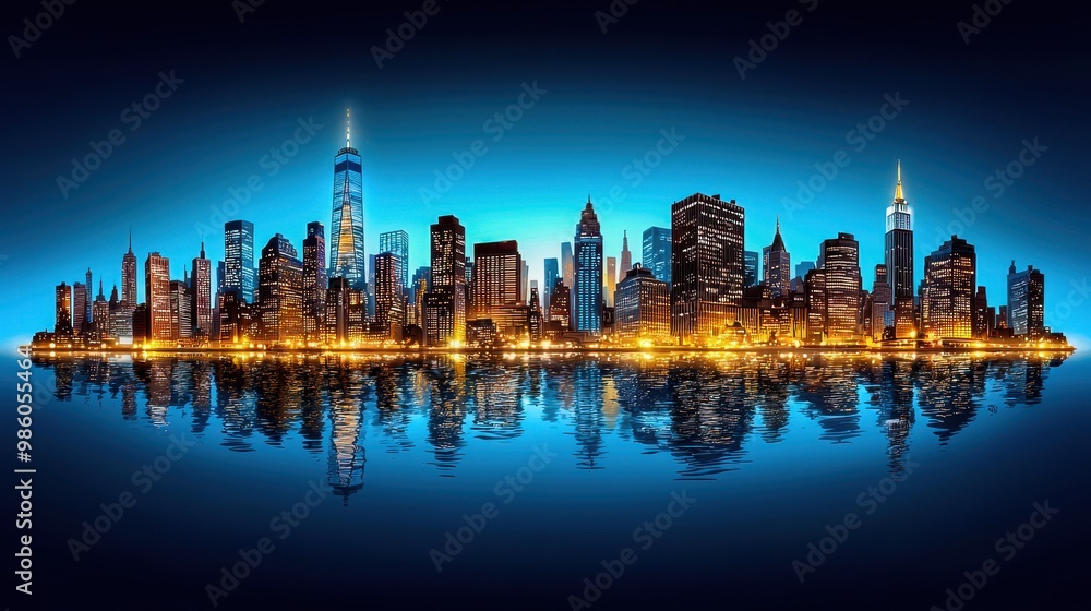 Obraz premium Stunning skyline view featuring illuminated skyscrapers reflecting in the water under a twilight sky.