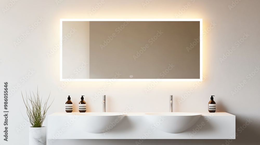 Large frameless mirror with integrated lighting in a minimalist bathroom, minimalist bathroom aesthetic, modern luxury Large frameless mirror with integrated lighting in a minimalist bathroom, minimalist bathroom aesthetic, modern luxury