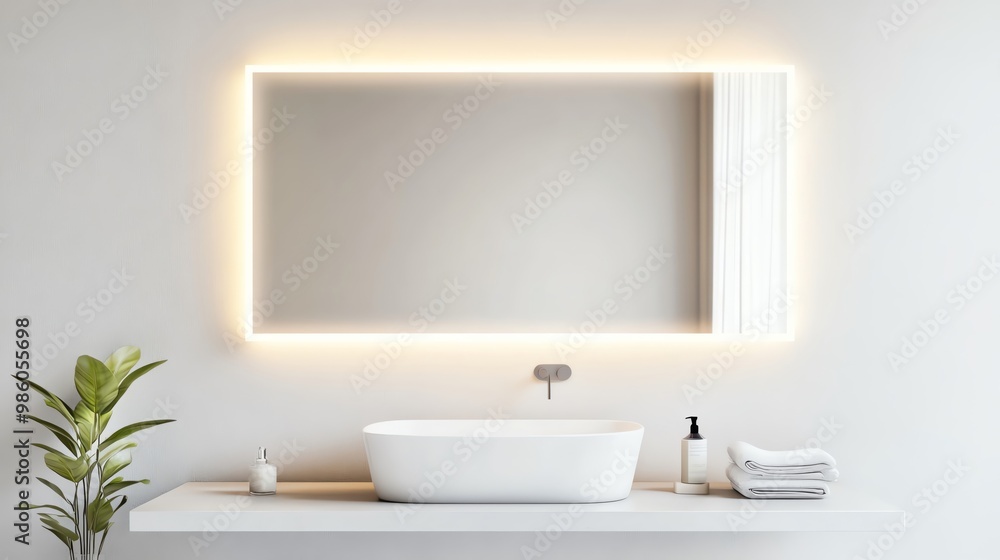 Fototapeta premium Large frameless mirror with soft lighting in a minimalist bathroom, minimalist bathroom aesthetic, sleek modern look