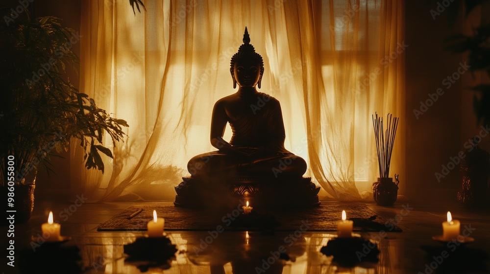 A golden Buddha statue sits in front of a sheer curtain with lit candles and incense burning. A golden Buddha statue sits in front of a sheer curtain with lit candles and incense burning.
