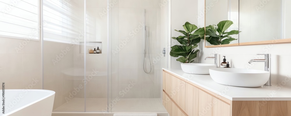 Fototapeta premium Light-filled minimalist bathroom with frameless glass shower and floating vanity, minimalist bathroom aesthetic, sleek natural design