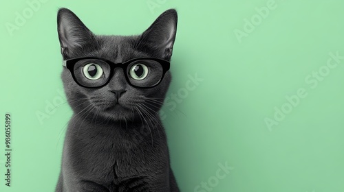 Hyperrealistic Cat with Glasses on Green Background, AI generated illustration photo