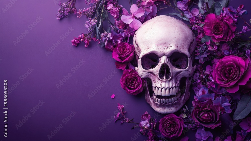 Obraz premium A human skull surrounded by purple flowers on a purple background.