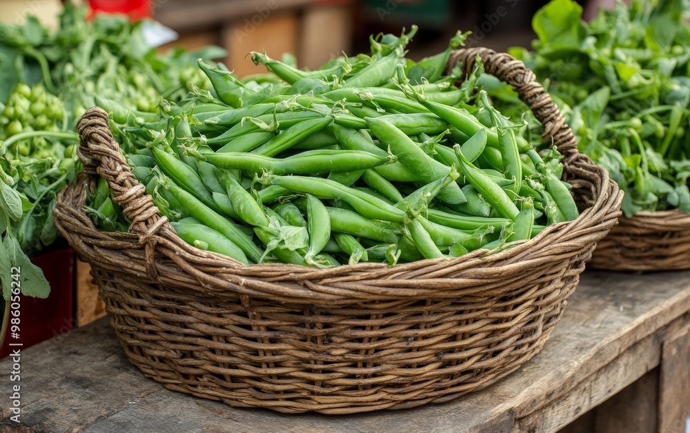 A basket filled with pea pods, their bright green color making a fresh display A basket filled with pea pods, their bright green color making a fresh display