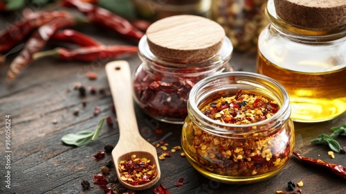 A close-up of spicy chili pepper flakes and chili oil in glass jars, with whole dried chilies and a wooden spoon nearby, ready for use in cooking.