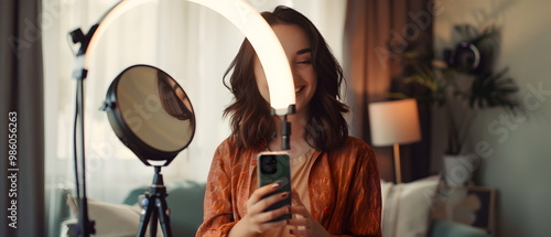 a cute young american woman in her standing and smiling while presents some product likes as a lotion bottle for an online video recording, she will make using a ring light. photo