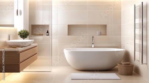 Wallpaper Mural Neutral-toned bathroom with clean lines, soft lighting, and wooden accents, minimalist bathroom aesthetic, modern elegance Torontodigital.ca