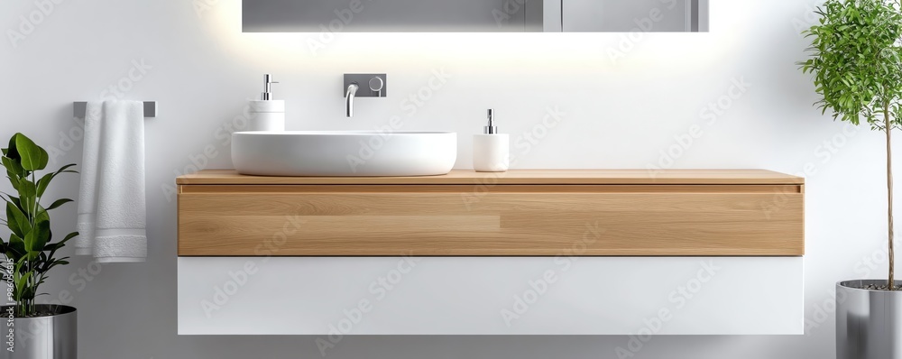 Simple white bathroom with floating wood vanity and soft lighting, minimalist bathroom aesthetic, clean and modern Simple white bathroom with floating wood vanity and soft lighting, minimalist bathroom aesthetic, clean and modern