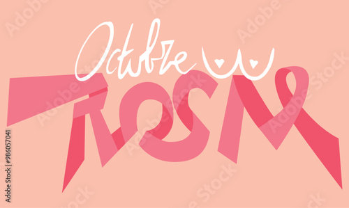 Texte ruban graphique Octobre rose en espagnol cancer du sein lutte vecteur