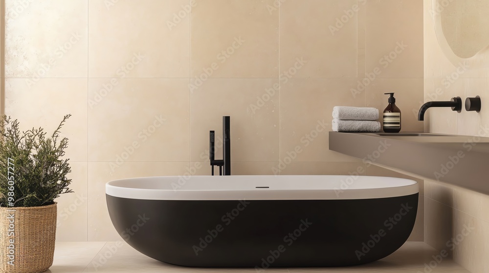 Softly lit bathroom with natural textures and matte black fixtures, minimalist bathroom aesthetic, contemporary warmth Softly lit bathroom with natural textures and matte black fixtures, minimalist bathroom aesthetic, contemporary warmth