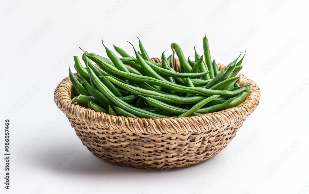 A basket of green beans, their crisp texture highlighted by the clean white background A basket of green beans, their crisp texture highlighted by the clean white background
